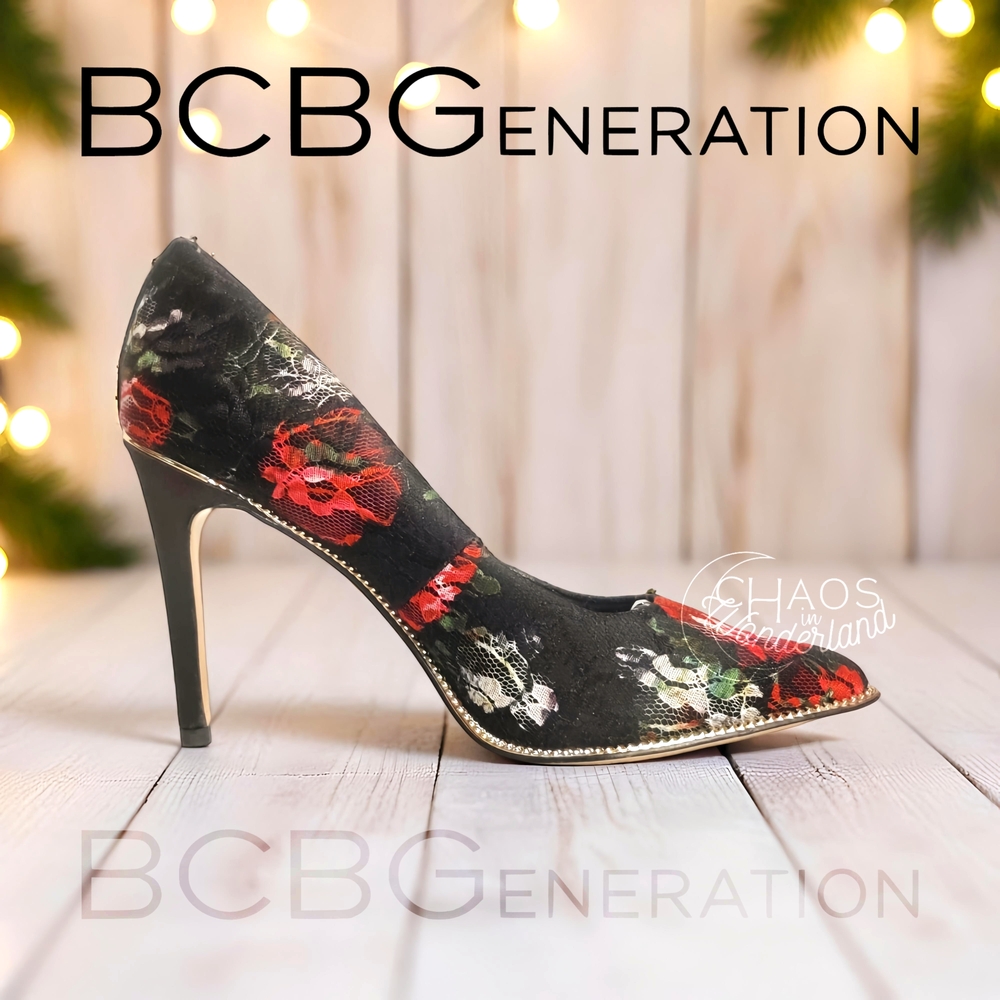 BCBGeneration Harleigh Chain Black &Red Floral Stiletto Heels Pumps Size 8.5 NEW